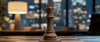 Wooden chess queen piece standing on board with blurred city skyline and office lights in background, representing strategy, leadership, and business success.
