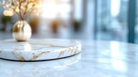 Elegant marble serving board with gold veining on blurred luxurious background with bokeh lights and decorative vase, modern minimalist home decor styling.