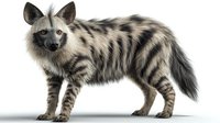 Striped hyena standing in profile view, wild African predator with distinctive fur pattern and pointed ears against white background, isolated.