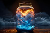 Magical glass jar containing glowing fire and water elements with cosmic nebula effect, perfect for fantasy art, book covers, and spiritual concepts. Dark atmospheric background.