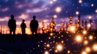 Silhouettes of three people watching magical glowing fireflies or light orbs floating in twilight sky with purple clouds and sunset background.