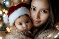 Asian mother and baby wearing Santa hat share tender moment with Christmas lights bokeh background, creating warm holiday atmosphere.