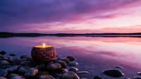 Decorative candle glowing on rocky shoreline at twilight with purple pink sky reflecting in calm lake water creating peaceful meditation atmosphere.