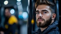 Young bearded man in winter jacket looking thoughtfully at camera with urban night lights creating bokeh background for lifestyle photography.