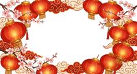 Chinese New Year festive frame with red lanterns and cherry blossoms on white background for holiday greeting cards and celebration designs.