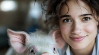 Young woman with curly hair smiling while holding adorable white piglet with pink ears in cozy indoor setting for agricultural and pet care concepts.