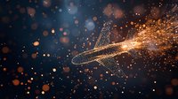 Glowing airplane silhouette formed by golden particles and light trails against dark background with bokeh effect, representing modern air travel and technology.