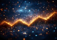 Glowing upward trending arrow made of golden particles and bokeh lights on dark blue background, representing financial growth and market success.