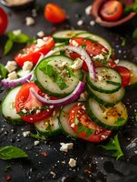 Fresh cucumber and tomato salad with red onion rings, feta cheese crumbles, herbs and spices on dark background, macro food photography.