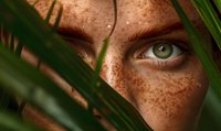 Close-up of person with freckles and green eyes partially hidden behind tropical leaves, creating a mysterious and natural portrait.