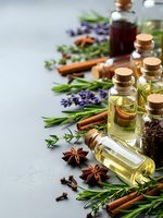 Essential oils in glass bottles with cork stoppers surrounded by fresh herbs, spices and aromatherapy ingredients for natural wellness and spa treatments.