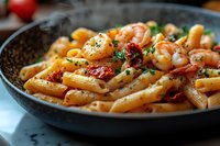 Penne pasta with grilled shrimp and roasted cherry tomatoes in creamy sauce, garnished with fresh herbs and black pepper, served in dark pan with steam rising.