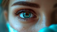Close-up macro shot of bright turquoise blue eye with detailed iris pattern and long eyelashes against blurred teal background, showing natural skin texture.