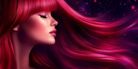 Young Asian woman with flowing pink hair against dark starry background, eyes closed with serene expression, glowing magical effect on hair strands and skin.