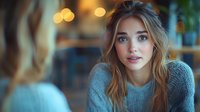 Young woman with blonde hair wearing cozy gray sweater smiling warmly during intimate conversation at cafe with soft bokeh lights creating romantic evening atmosphere.