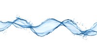 Dynamic flowing water splash forming abstract wave pattern on white background, splashing liquid motion with droplets and curved stream for fresh beverage designs.