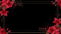 Elegant frame with vibrant red hibiscus flowers and gold accents on black background, creating luxurious border for wedding invitations or special events.