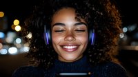 Young African American woman with natural curly hair wearing wireless headphones smiles with eyes closed against blurred city lights at night, expressing joy and relaxation.