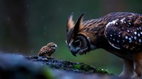 Adult striped owl meets baby owl on mossy log in dark forest setting, creating tender moment between parent and offspring against blurred natural background.