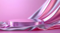 Pink metallic product display podium with flowing silk fabric backdrop creating elegant waves and folds against soft rose gradient background.