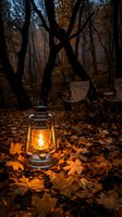 Vintage oil lantern glowing warmly in autumn forest campsite with fallen leaves and camping chair creating cozy outdoor adventure atmosphere.