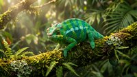 Green chameleon with vibrant turquoise and emerald scales perched on moss-covered branch in tropical rainforest with dappled sunlight filtering through ferns.