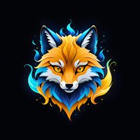 Mystical fox head with glowing blue flames and orange fur on black background, stylized artistic design for gaming logos, mascots and merchandise decoration.
