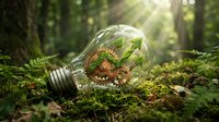 Glass jar with moss, ferns, and small plants inside lying on forest floor with sunlight filtering through trees, representing nature conservation and terrarium gardening.