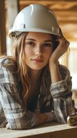 Young female construction worker in white hard hat and plaid shirt resting head on hand while taking break at construction site, warm natural lighting.