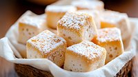 Golden homemade fudge squares dusted with powdered sugar in rustic basket lined with white cloth, sweet confectionery dessert ready for gifting or serving.