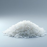 Pile of raw white jasmine rice grains on light gray background, close up view with soft shadows. Clean minimalist food photography for packaging design.