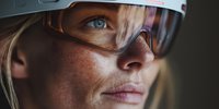 Close-up portrait of young woman with freckles wearing protective goggles and helmet, showcasing determination and focus in industrial or construction setting.