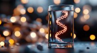 Glowing spiral light trail captured in glass container against blurred bokeh background creates magical atmosphere. Artistic light painting photography.