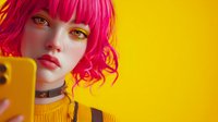 Young woman with bright pink hair and yellow eyes taking selfie against vibrant yellow background, wearing matching yellow sweater.