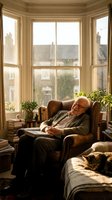 Elderly Caucasian man reading book in leather armchair by bay window with warm sunlight, cozy home library interior with plants and cat resting nearby.