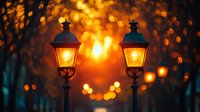 Vintage street lamps glowing at dusk with magical bokeh lights in background creating romantic atmosphere. Decorative iron lampposts illuminate evening cityscape.