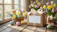Easter gift box with blank card surrounded by colorful spring flowers, painted eggs and tulips on wooden table near window for holiday celebration.