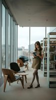 Young professional woman reading book in modern library with city view through floor-to-ceiling windows and contemporary furniture for study and research.