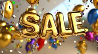 Golden balloon letters spelling SALE with colorful party balloons and confetti floating in bright festive atmosphere against light background. Perfect for retail promotions.