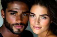Close-up portrait of diverse young couple with natural makeup and glowing skin for beauty and skincare campaigns.