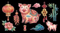 Festive Chinese New Year pig clipart set with lantern, firecrackers, bamboo, peony, and lucky knots, isolated on transparent background. For stickers, sublimation, t-shirt design.