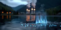 Glowing blue water fountain display creates magical atmosphere at dusk with mountain silhouettes and twinkling lights reflecting on calm lake surface.