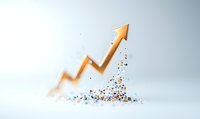 Orange glowing arrow chart breaking through particles showing upward trend and growth on light background, business success concept visualization.