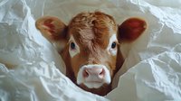 Young brown calf with large expressive eyes peering through white crumpled paper, close-up portrait showing curiosity and innocence of farm animal.