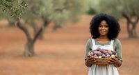 Young African woman with natural curly hair holding basket of fresh olives in orchard. Agricultural harvest, farming, and food production concept for commercial use.
