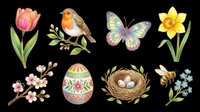 Watercolor spring clipart set with tulip, robin, butterfly, daffodil, blossom, Easter egg, nest, bee, and forget-me-not, isolated on transparent background for stickers and print on demand.