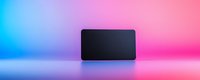 Black credit card mockup on vibrant gradient background with blue and pink neon colors, modern minimal financial concept for banking design.