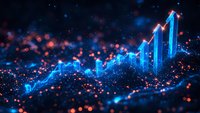 Glowing blue financial chart with upward trend arrows surrounded by abstract bokeh particles and light effects on dark background creates futuristic visualization.