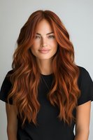 Young woman with long wavy copper red hair wearing black t-shirt smiling at camera against light gray background. Natural makeup and confident expression.