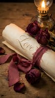 Vintage love letter scroll tied with burgundy ribbon, dried roses, and glowing oil lamp on rustic wooden table, romantic Valentine concept.
